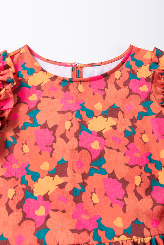 PACK6118619-P622-1, Rose Red Ruffle Shoulder Long Sleeve Floral Mini Dress