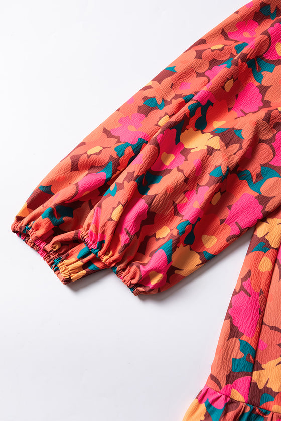 PACK6118619-P622-1, Rose Red Ruffle Shoulder Long Sleeve Floral Mini Dress