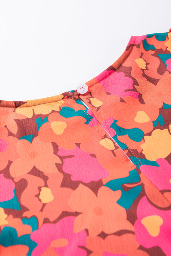 PACK6118619-P622-1, Rose Red Ruffle Shoulder Long Sleeve Floral Mini Dress