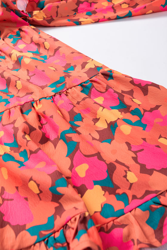 PACK6118619-P622-1, Rose Red Ruffle Shoulder Long Sleeve Floral Mini Dress