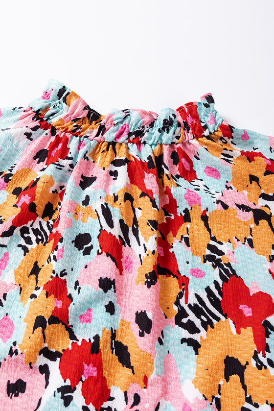 PACK25125694-P122-1, White Frilled High Neck Buttons Back Floral Blouse