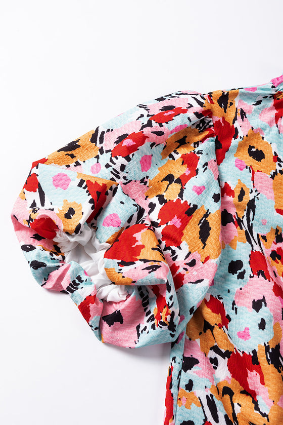 PACK25125694-P122-1, White Frilled High Neck Buttons Back Floral Blouse