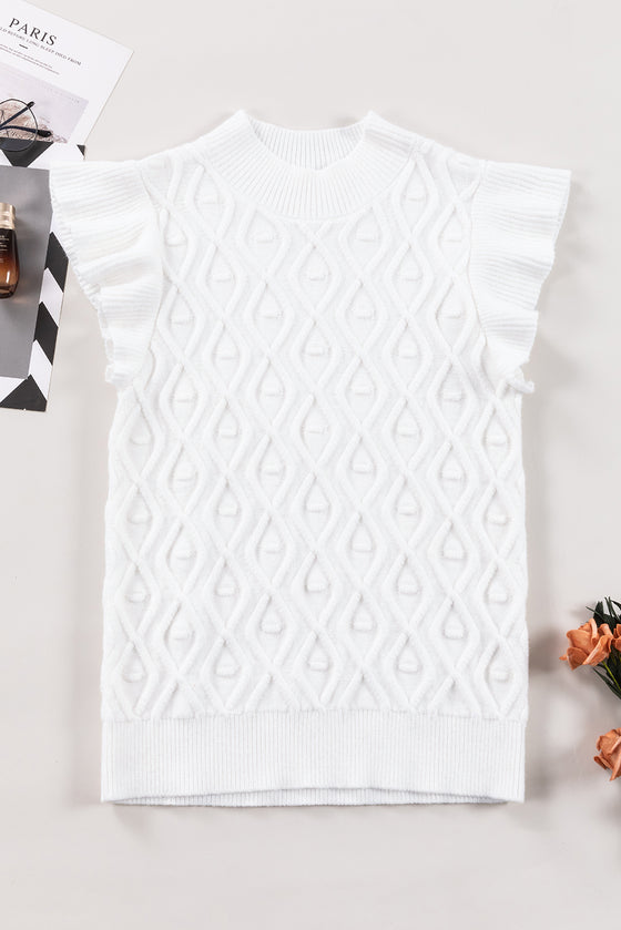 PACK276184-P1-1, White Textured Ruffled Mock Neck Knitted Vest