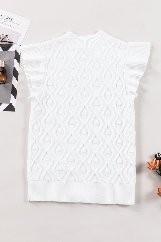 PACK276184-P1-1, White Textured Ruffled Mock Neck Knitted Vest