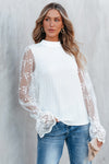 PACK25125767-P1-1, White Contrast Lace Sleeve Mock Neck Textured Blouse