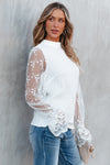 PACK25125767-P1-1, White Contrast Lace Sleeve Mock Neck Textured Blouse
