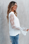 PACK25125767-P1-1, White Contrast Lace Sleeve Mock Neck Textured Blouse