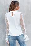 PACK25125767-P1-1, White Contrast Lace Sleeve Mock Neck Textured Blouse