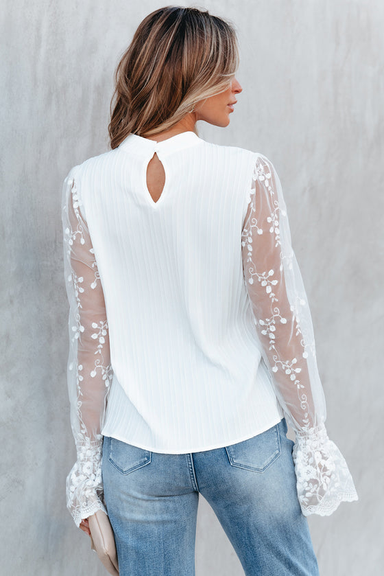 PACK25125767-P1-1, White Contrast Lace Sleeve Mock Neck Textured Blouse