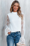 PACK25125767-P1-1, White Contrast Lace Sleeve Mock Neck Textured Blouse