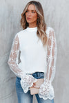 PACK25125767-P1-1, White Contrast Lace Sleeve Mock Neck Textured Blouse