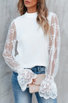 PACK25125767-P1-1, White Contrast Lace Sleeve Mock Neck Textured Blouse