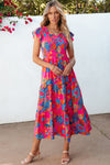 PACK6119015-P622-1, Rose Red Boho Floral V Neck Ruffle Tiered Long Dress