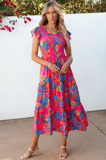  PACK6119015-P622-1, Rose Red Boho Floral V Neck Ruffle Tiered Long Dress