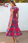PACK6119015-P622-1, Rose Red Boho Floral V Neck Ruffle Tiered Long Dress
