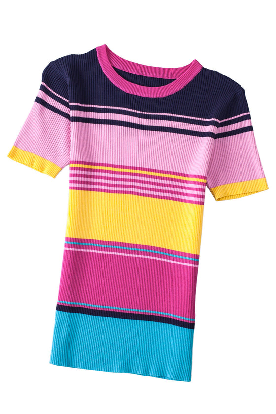 PACK277103-P1022-2, Pink Mixed Stripes Ribbed Knit Top