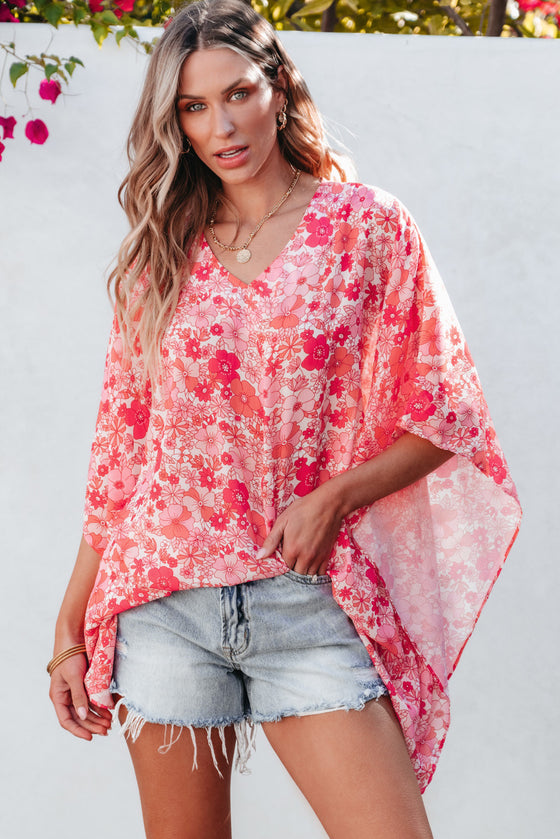 PACK25126117-P1020-1, Pink Boho Floral V Neck Kimono Style Blouse