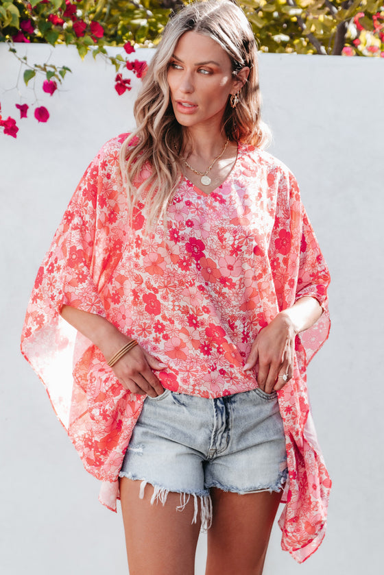 PACK25126117-P1020-1, Pink Boho Floral V Neck Kimono Style Blouse