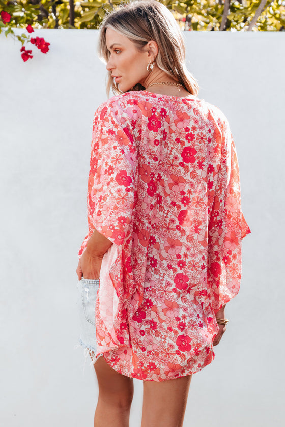 PACK25126117-P1020-1, Pink Boho Floral V Neck Kimono Style Blouse