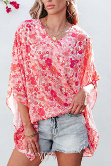 PACK25126117-P1020-1, Pink Boho Floral V Neck Kimono Style Blouse