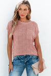 PACK276182-P9010-2, Dusty Pink Lattice Textured Knit Short Sleeve Sweater
