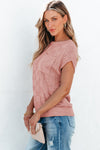 PACK276182-P9010-2, Dusty Pink Lattice Textured Knit Short Sleeve Sweater