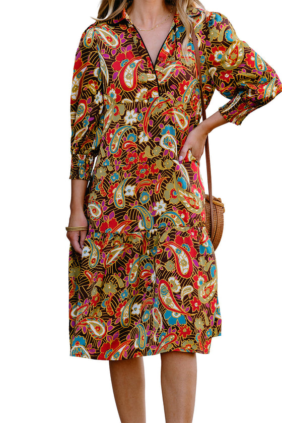 PACK6118729-P722-1, Yellow Paisley Mixed Print Collared 3/4 Sleeve Midi Dress