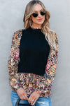 PACK2724346-P2-1, Black Contrast Floral Sleeve Peplum Sweater