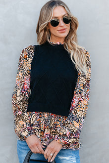  PACK2724346-P2-1, Black Contrast Floral Sleeve Peplum Sweater
