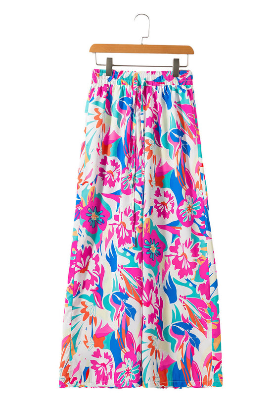 PACK7712571-P622-1, Rose Red Boho Flower Print Loose Wide Leg Pants
