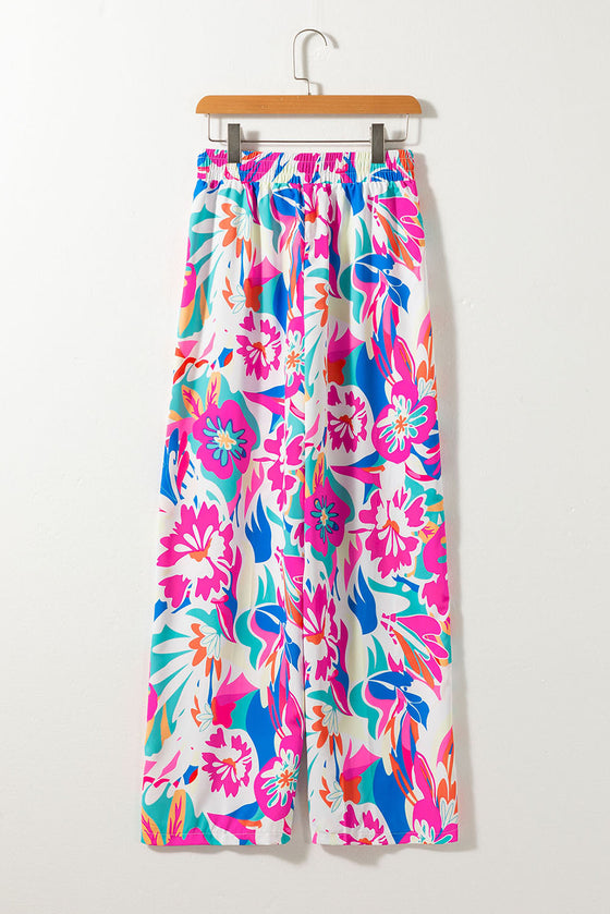 PACK7712571-P622-1, Rose Red Boho Flower Print Loose Wide Leg Pants