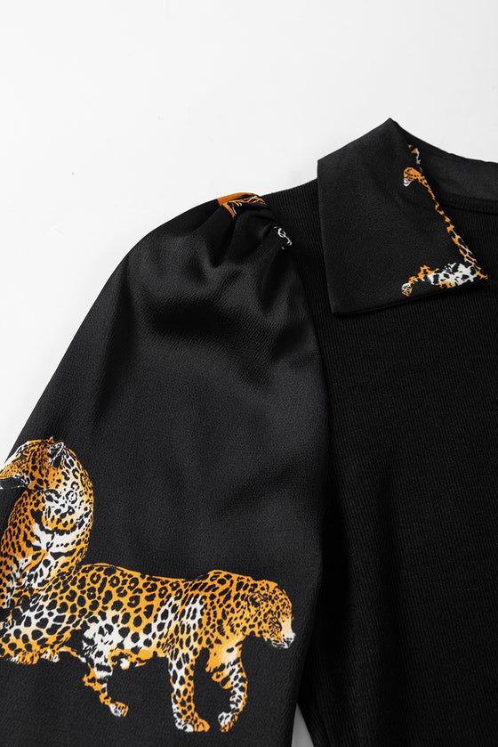 PACK6118680-P2-1, Black Vivid Leopard Print Long Sleeve Swing Dress