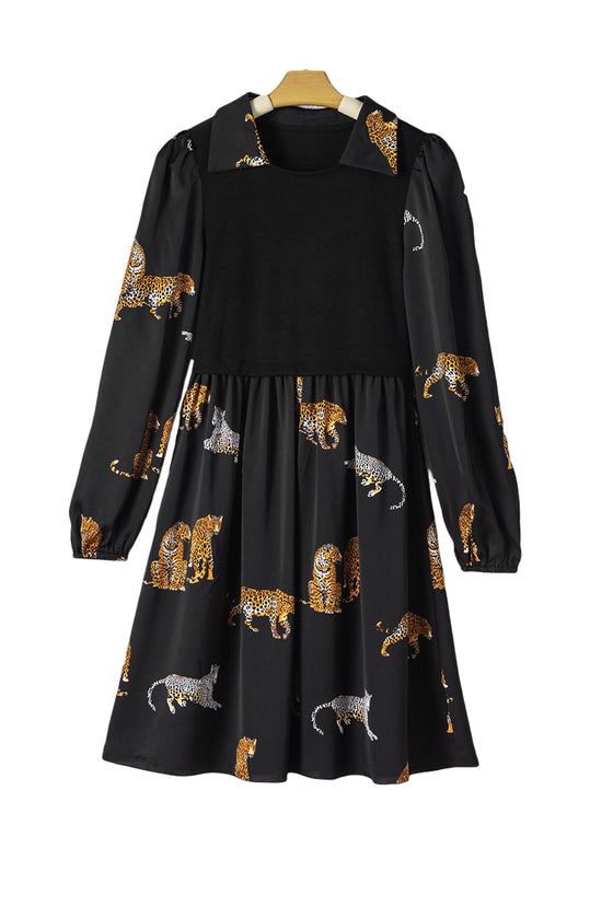 PACK6118680-P2-1, Black Vivid Leopard Print Long Sleeve Swing Dress