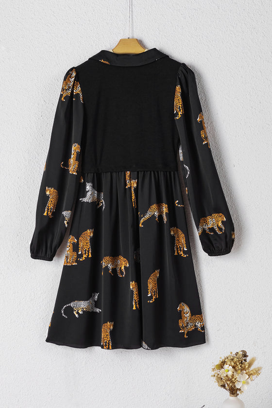 PACK6118680-P2-1, Black Vivid Leopard Print Long Sleeve Swing Dress