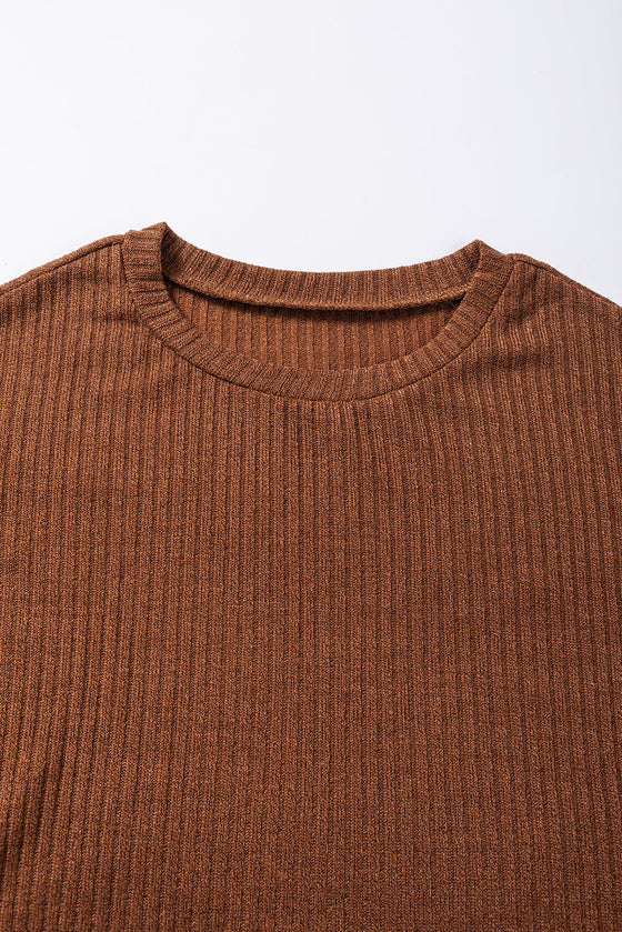 PACK25223580-P2017-1, Chestnut Ribbed Knit Drop Shoulder Ruffled Sleeve Textured Top