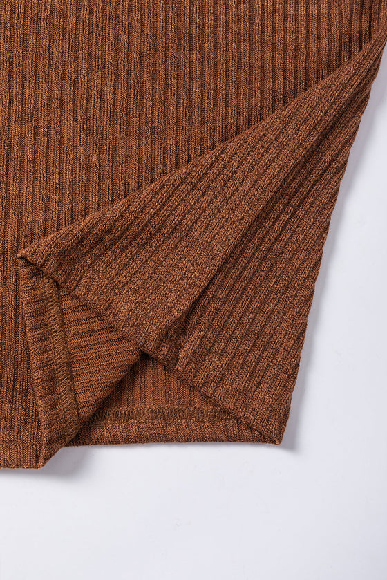 PACK25223580-P2017-1, Chestnut Ribbed Knit Drop Shoulder Ruffled Sleeve Textured Top