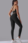 LC2611612-P2-S, LC2611612-P2-M, LC2611612-P2-L, Black Lattice Strappy Back Top and Leggings Workout Set
