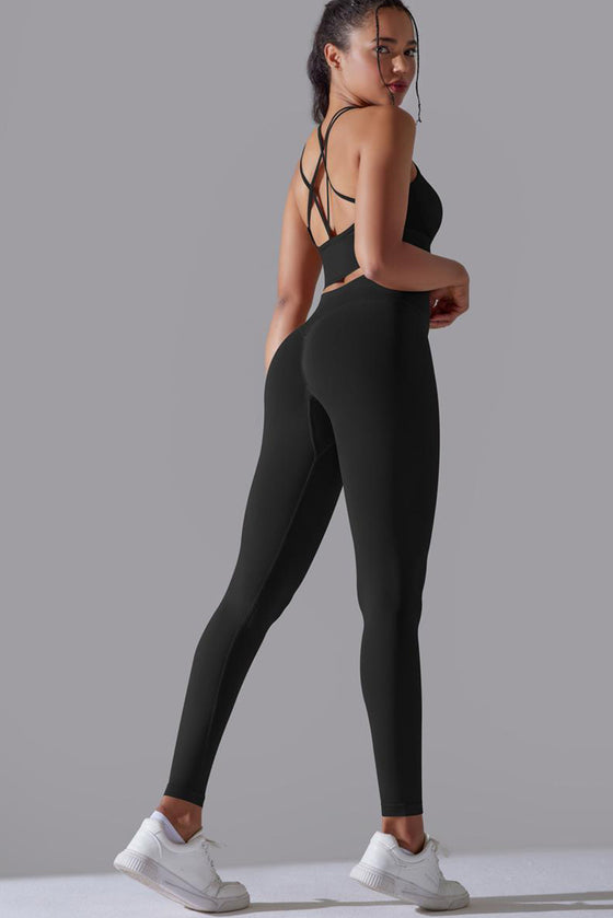 LC2611612-P2-S, LC2611612-P2-M, LC2611612-P2-L, Black Lattice Strappy Back Top and Leggings Workout Set