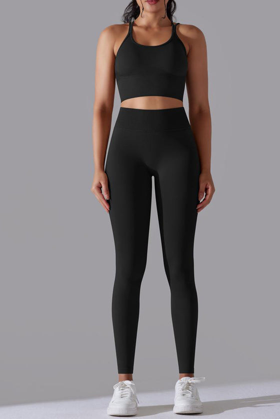 LC2611612-P2-S, LC2611612-P2-M, LC2611612-P2-L, Black Lattice Strappy Back Top and Leggings Workout Set