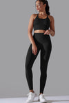LC2611612-P2-S, LC2611612-P2-M, LC2611612-P2-L, Black Lattice Strappy Back Top and Leggings Workout Set