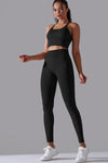 LC2611612-P2-S, LC2611612-P2-M, LC2611612-P2-L, Black Lattice Strappy Back Top and Leggings Workout Set