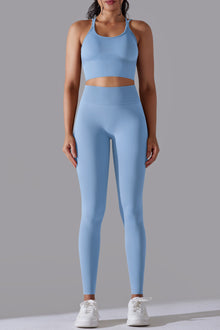  LC2611612-P304-S, LC2611612-P304-M, LC2611612-P304-L, Sky Blue Lattice Strappy Back Top and Leggings Workout Set