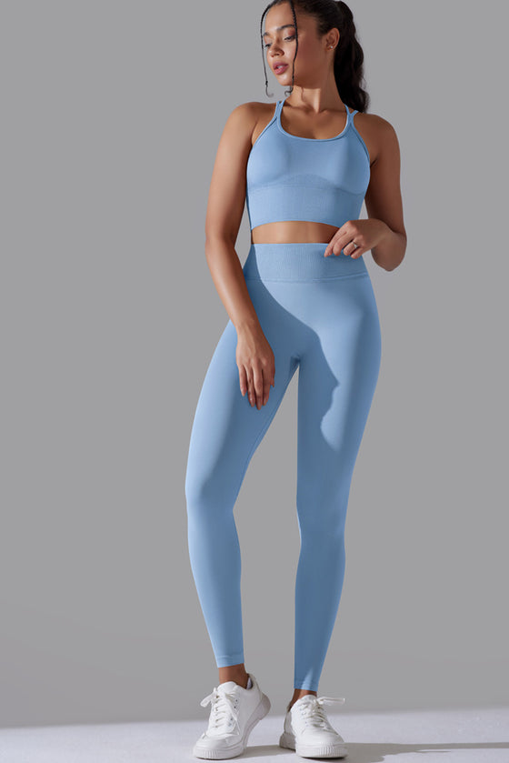 LC2611612-P304-S, LC2611612-P304-M, LC2611612-P304-L, Sky Blue Lattice Strappy Back Top and Leggings Workout Set