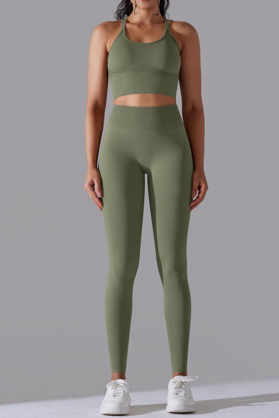 LC2611612-P1109-S, LC2611612-P1109-M, LC2611612-P1109-L, Grass Green Lattice Strappy Back Top and Leggings Workout Set