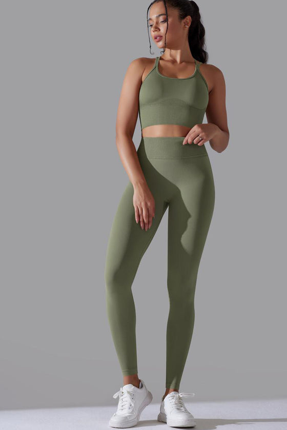LC2611612-P1109-S, LC2611612-P1109-M, LC2611612-P1109-L, Grass Green Lattice Strappy Back Top and Leggings Workout Set