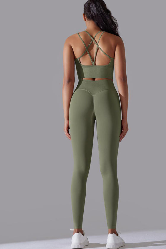 LC2611612-P1109-S, LC2611612-P1109-M, LC2611612-P1109-L, Grass Green Lattice Strappy Back Top and Leggings Workout Set