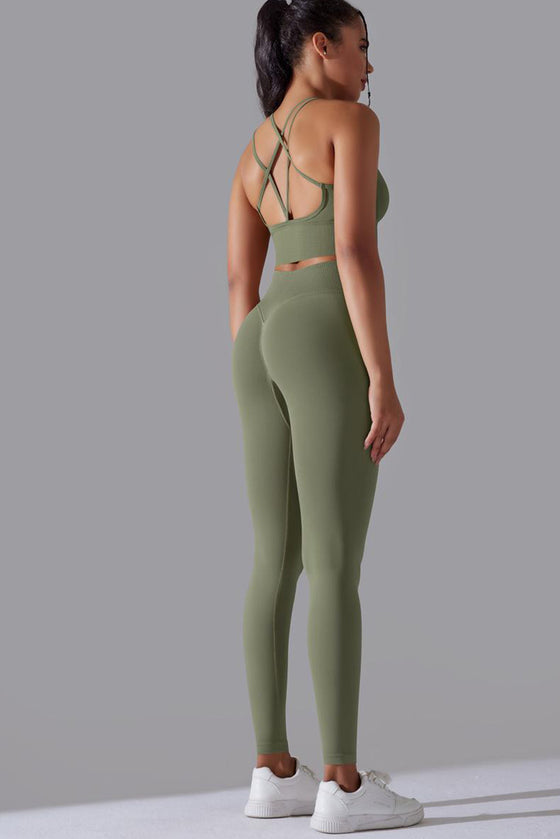LC2611612-P1109-S, LC2611612-P1109-M, LC2611612-P1109-L, Grass Green Lattice Strappy Back Top and Leggings Workout Set