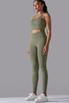 LC2611612-P1109-S, LC2611612-P1109-M, LC2611612-P1109-L, Grass Green Lattice Strappy Back Top and Leggings Workout Set
