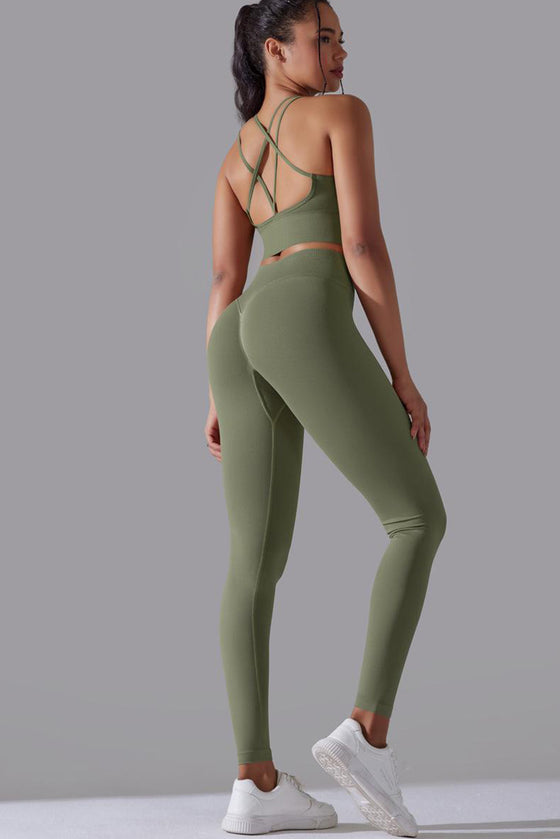 LC2611612-P1109-S, LC2611612-P1109-M, LC2611612-P1109-L, Grass Green Lattice Strappy Back Top and Leggings Workout Set