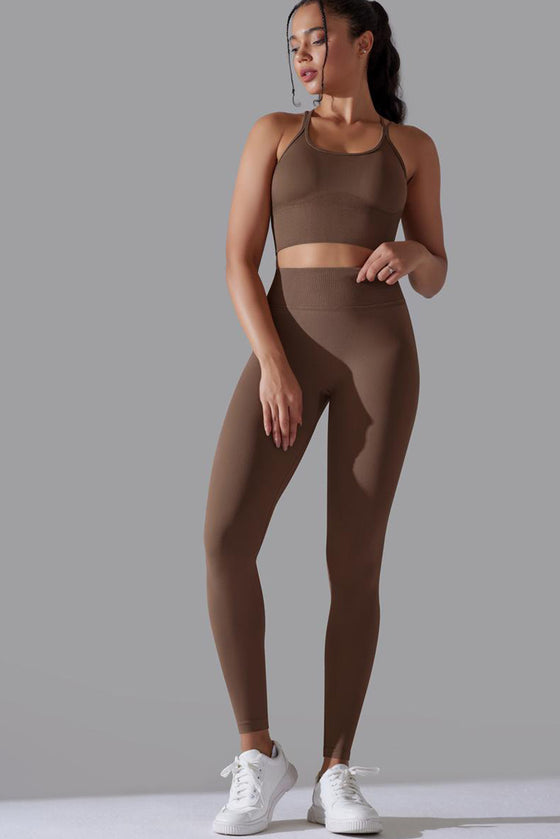 LC2611612-P4017-S, LC2611612-P4017-M, LC2611612-P4017-L, Desert Palm Lattice Strappy Back Top and Leggings Workout Set